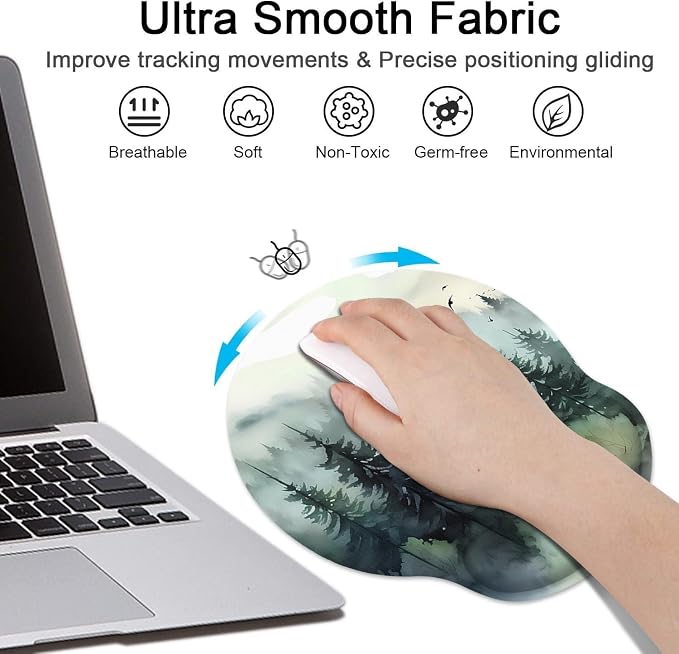 Ergonomic Mouse Pad Set with Wrist Rest, Green Mountain | Forest Ink Style Non-Slip Rubber Base Wrist Cushion Support and Coasters Mousepad with Wrist Support for Computer Keyboard