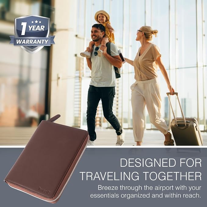 Full Grain Leather Family Passport Holder for 4 Passports - RFID Passport Holder and Travel Document Organizer - Large Leather Travel Wallet for Families - Brown