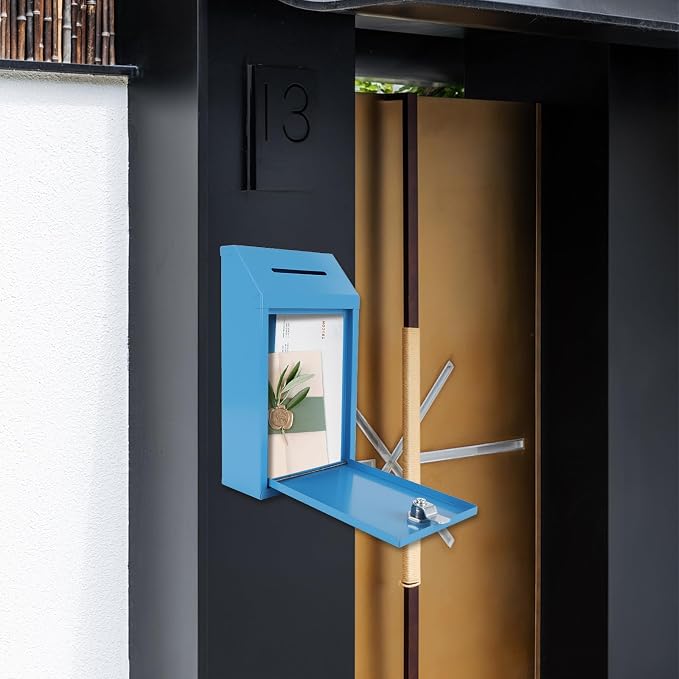 Metal Donation Box with Lock Ballot Box Drop Box with Lock Suggestion Box with Slot and Locks Metal Locks Box Comment Box Voting Box Key Drop Box for Home Office(Blue,10.24 x 5.71 x 2.95 Inch)