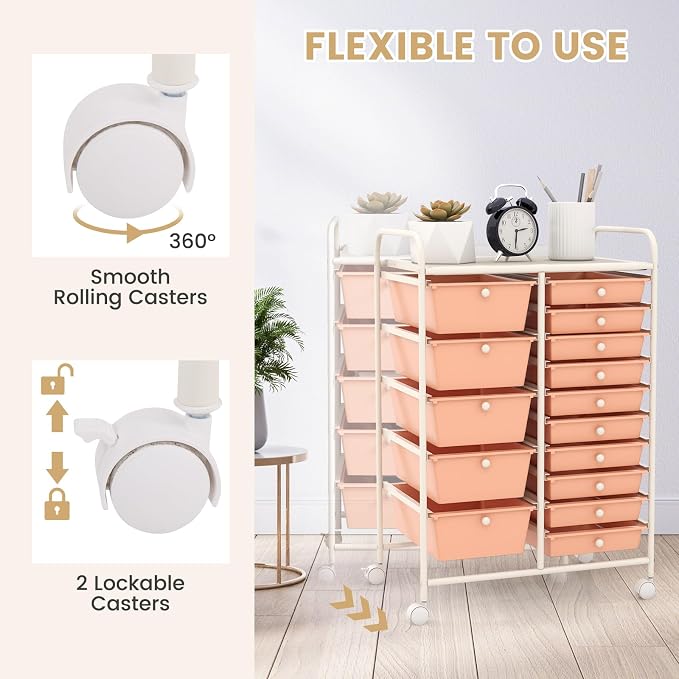 15 Drawer Rolling Storage Cart, Rolling Cart with Drawers for Classroom, Art Supply Craft Organizer on Wheel with Metal Frame & Handles for Home Office School