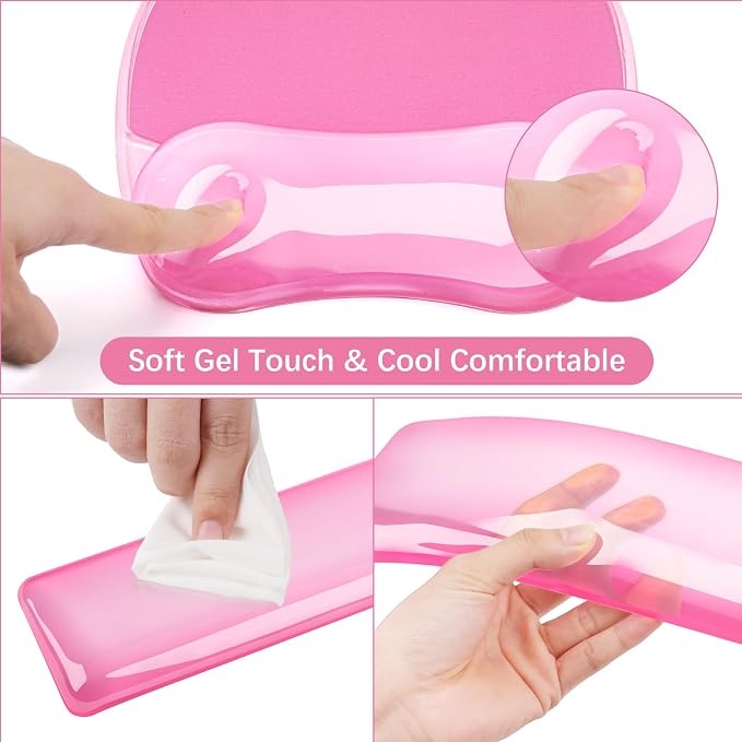 MOSISO Cooling Gel Wrist Rest Support for Mouse Pad&Keyboard Set, Pink | Irregular Oval Ergonomic Mousepad Keyboard Pad Non-Slip Base Home/Office Pain Relief&Gel Easy Typing Pad for Computer Laptop