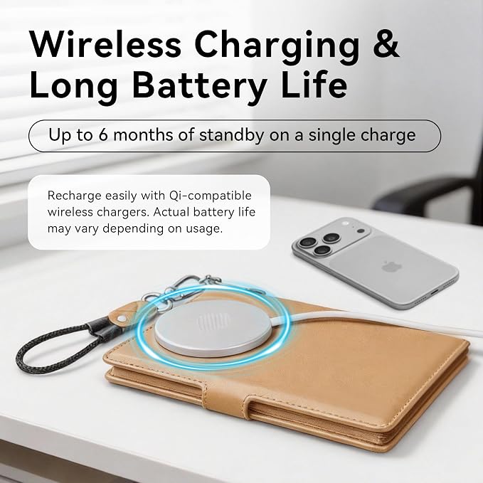 Trackable Passport Holder for Travel, RFID Blocking Wallet, Brown | Rechargeable PU leather cover works with Apple Find My and is Apple MFi certified; it includes card storage and a lanyard.