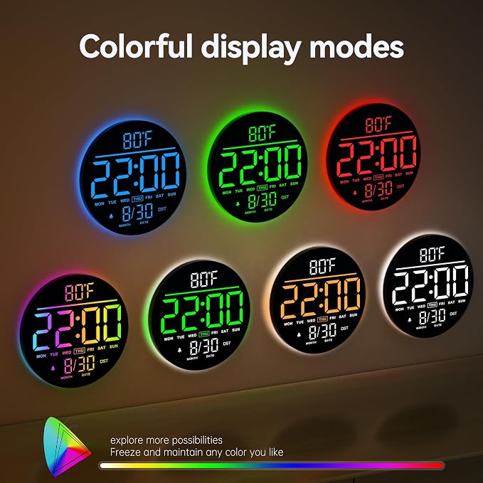 JALL 10" Large Digital Wall Clock with Seconds, Alarm Countdown Timer, Big LED Display, RGB Color, DST, Temperature, Mounted for Bedroom Living Room Office Classroom Gym, Xmas Birthday Gift, White