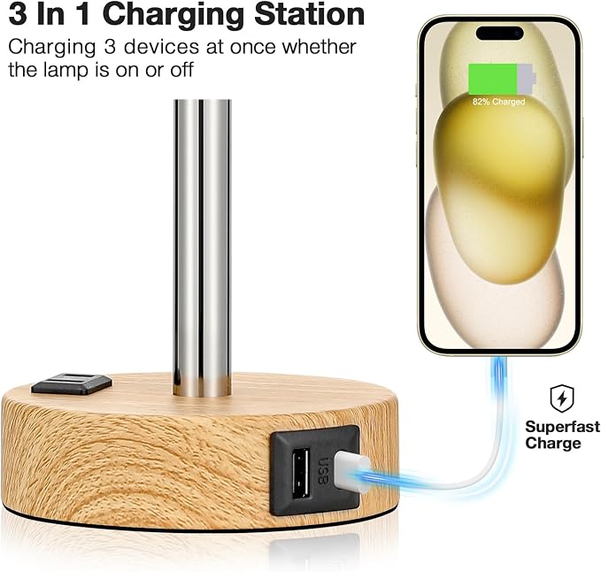 Bedside Table Lamp for Bedroom - Dimmable Touch, USB A+C, AC Outlet | 3-Way Dimmable, LED Bulb Included, Fabric Lampshade, Wood-Grain Metal Base, 14" Small Nightstand Lamp for Desk, Living Room