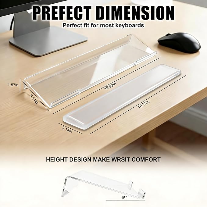 Acrylic Computer Keyboard Stand with Gel Wrist Rest Set-(Clear White Set) | Keyboard Riser for Desk Easy Typing with Gel Keyboard Wrist Pad, Anti-Slip Comfort Jelly Clear Wrist Rest Relief Pain