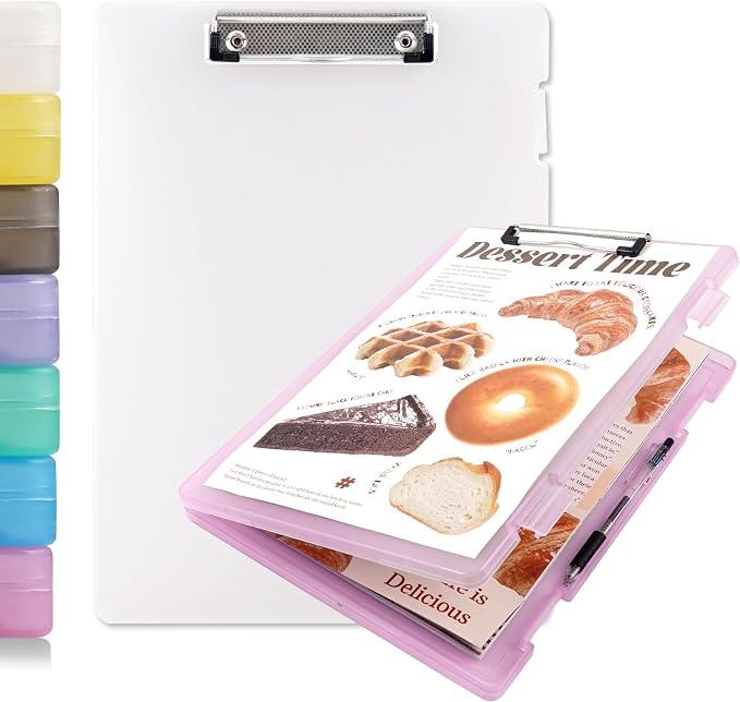 2 Pack Letter Size Clipboard with Storage 8.5 * 11, Plastic Clear Clipboard File Box A4 Pink Nursing Clip Board for School & Office with Christmas Stickers (Clear & Pink)