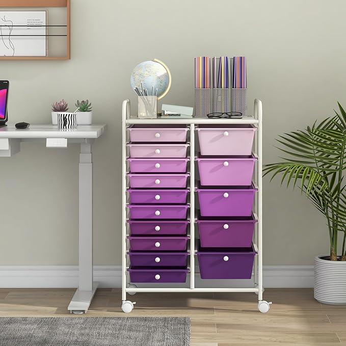 BECOMFORT 15-Drawer Rolling Cart with Drawers, Storage Cart on Wheels, Teacher Classroom Organizers with Metal Frame, Mobile Craft Cart for Tools, Trolley Utility Cart for School Office Play Room