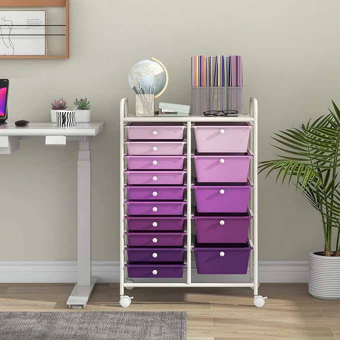15 Drawer Rolling Storage Cart, Rolling Cart with Drawers for Classroom, Art Supply Craft Organizer on Wheel with Metal Frame & Handles for Home Office School