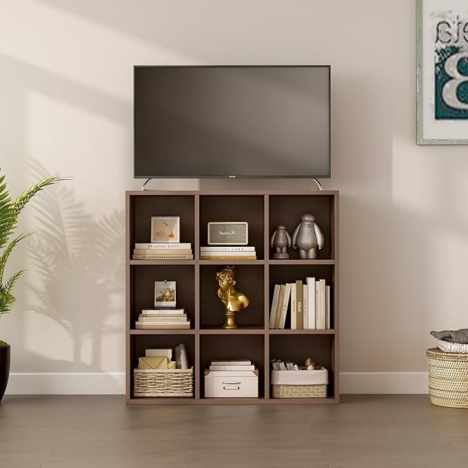 OSCHF 9-Cube Storage Shelf Bookcase - Wooden 3-Tier Floor Standing Open Bookshelf for Home and Office, Cuby Orgainzer, Walnut