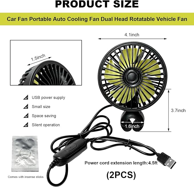 2 PCS USB Car Seat Fans for Backseat, 360° Rotatable Strong Wind Rear Seat Cooling Fan with 3 Speeds, 5V Powerful Air Circulation Electric Headrest Fan for for Sedan SUV RV Truck