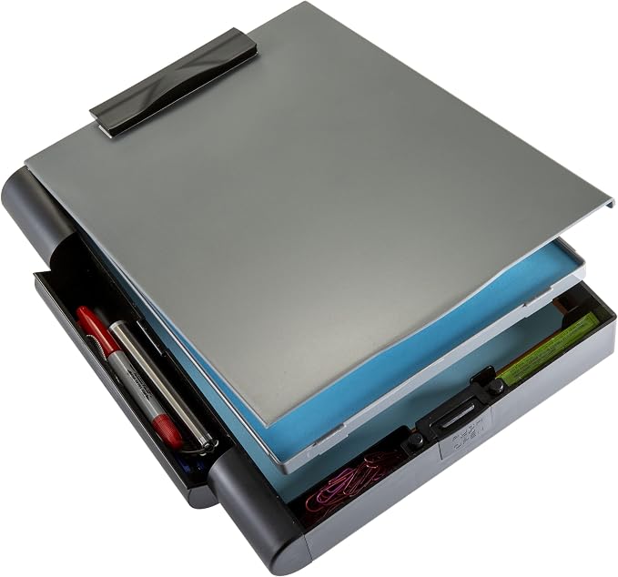 Officemate Double Storage Clipboard, Form Holder with 2 Compartments, Magnetized Storage, Pen Holder & Clip, Letter Size, Recycled Plastic, Gray/Black (83357)