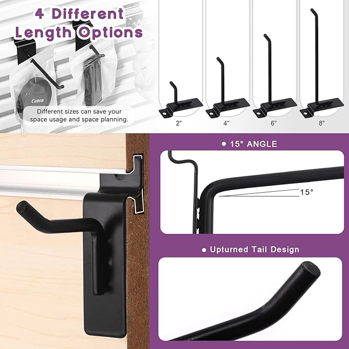 Swpeet 32Pcs 4 Sizes 2" 4" 6" 8" Heavy Duty Slatwall Hooks Assortment Kit, Slatwall Accessories Slatwall Panel Hook Garage Organization Slat Wall Hooks Pegboard Gridwall Hook Display
