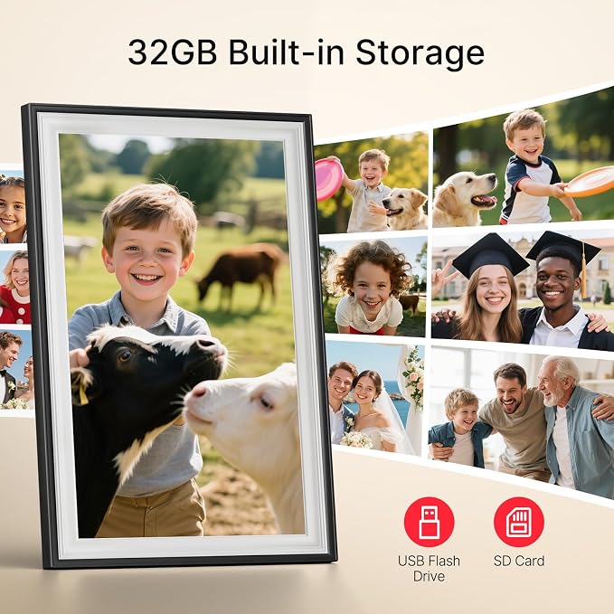 Frameo 10.1" Digital Picture Frame, Smart WiFi Digital Photo Frame with 1280x800 HD IPS Touch Screen 32GB Storage Auto-Rotate Wall Mounted, Share Photos/Videos from Phone Anywhere(Black&White)