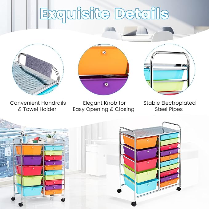 GLACER 15 Drawers Rolling Storage Cart, Steel Frame Craft Organizer Cart | Utility Cart w/Lockable Wheels & Handle, Mobile Art & Tool Supply Trolley for Teacher, Home, School, Office (Multicolor)