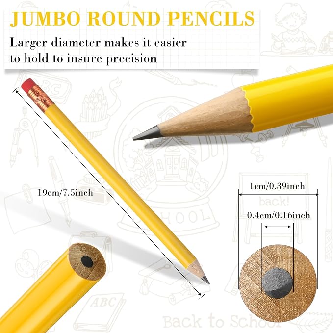 Fainne 96 Pcs Jumbo Pencil with Black Core Cedar Wooden Pencil with Eraser for Carpenters Students Teachers School Construction Woodworkers Beginners Office Workers(Yellow,Classic)