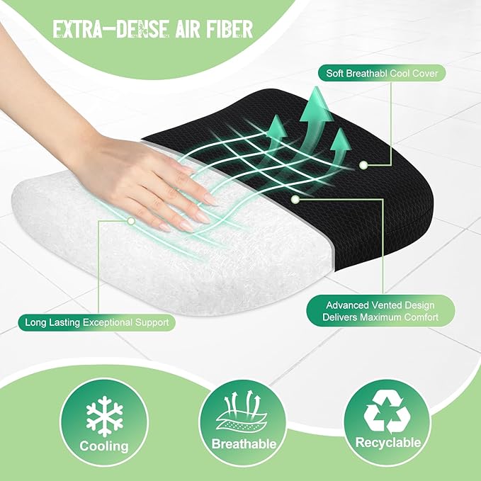 Air Fiber Office Chair Cushion - Ergonomic Seat Cushion for Orthopedic Coccyx, Relief Hip & Back Support - Doctor Recommended Cushion for Long Sitting Worker Driver & Handicapped (Black)