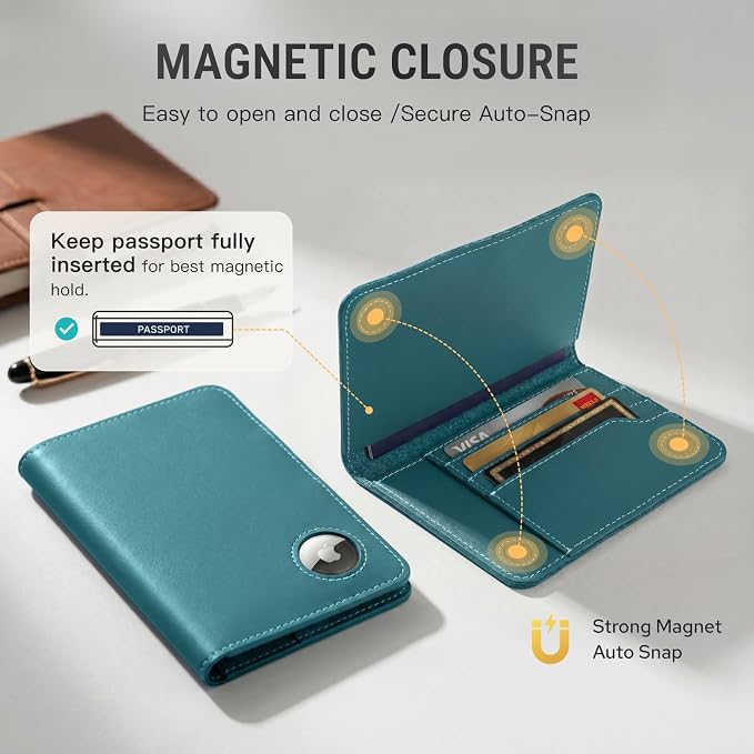 ALLIVE Passport Holder for Travel Essentials, Genuine Leather Passport Holder with AirTag Slot, RFID Blocking Passport Cover Travel Wallet, Must-Have Travel Accessories for Women Men (Lake Blue)