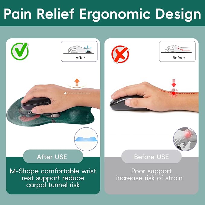 Mouse Pad with Wrist Rest Ergonomic Mouse Pad with Comfortable M-Shape Pain Relief Wrist Support Non-Slip PU Base Mousepad for Laptop, Office & Home (Green Elephant)