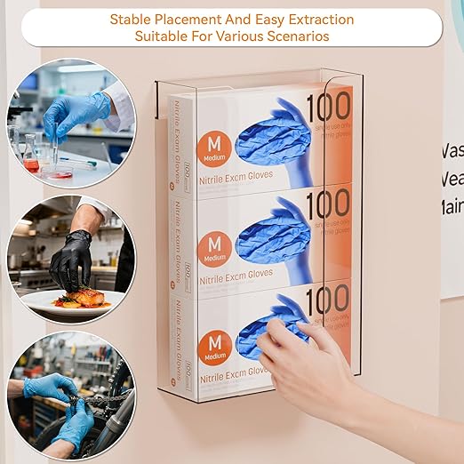 Acrylic Glove Box Holder Wall Mount With Adhesive,No Drilling Disposable Medical Rubber Glove Holder on Wall & Hanging Hospital Hair Net,Mask,Latex Gloves Dispenser,Gloves Rack & Storage,Clear