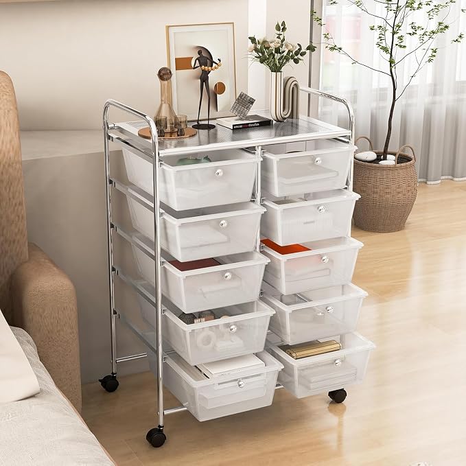 10 Drawer Rolling Cart, Storage Cart Organizer on Wheels, Drawer Cart with Metal Frame & Large Storage Capacity, Rolling Cart with Drawers for Living Room Classroom, Office