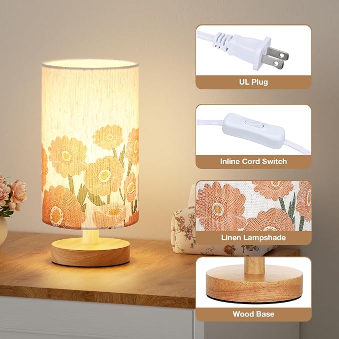 Small Table Lamps (Sunflower Cream Shade, 9" Inline Control) | 3000K LED Blub Included | 680 Lumens | Easy Assembly | Minimalist Design | E26 | for Kitchen | for Kids Room