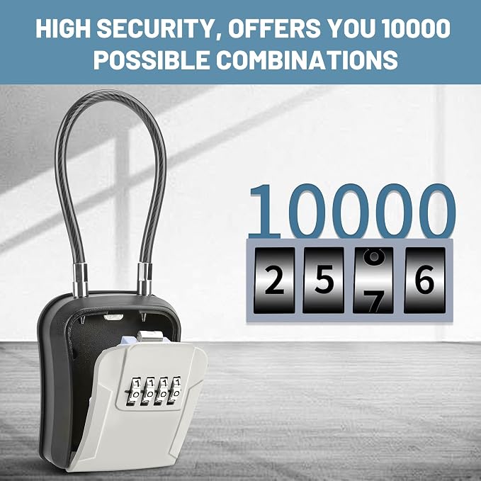 Key Lock Box,Portable Waterproof Lockbox with Removable Shackl, Wall-Mounted Key Storage Box, 4-Digit Combination Key Storage Lockbox for Home,Office,Garage, Airbnb,Apartment（1 Pack,Grey)