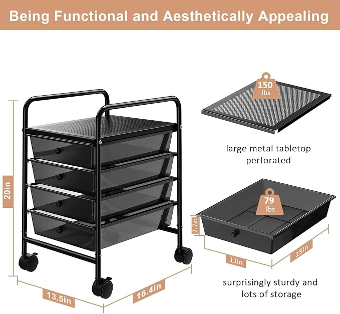 Rolling Storage Cart with Drawers 4-Tier Office Transparent Black | Utility Cart with 4 Drawers & 2 Lockable Caster Wheels, Multipurpose Mobile Drawer Cart for School Bathroom Kitchen