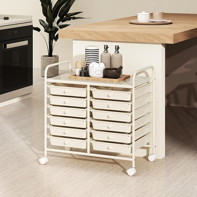 RELAX4LIFE 12-Drawer Rolling Storage Cart - Mobile Utility Cart on Wheels for School Classroom Teacher Office Salon, Paper File Art Supply Craft Organizer, Rolling Cart with Drawers (White)
