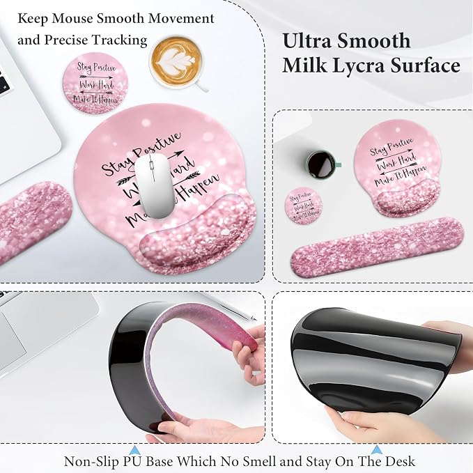3 in 1 Ergonomic Mouse Pad and Keyboard Wrist Rest with Coaster Set-Pink | Cute Large Mousepad with Gel Wrist Support for Gaming Computer Laptop Women Office Home Desk Decor