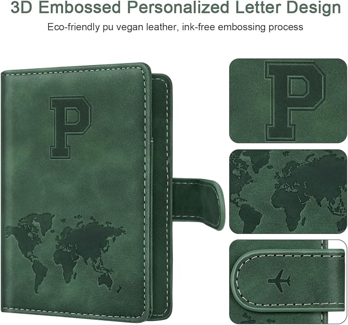 Passport Holder Wallet Cover Personalized Initial Travel Essentials | Embossed Letter A-Z Design, Travel Wallets, RFID Blocking, Passport Book Holders, Women and Men, Personalized Gifts, Green-P