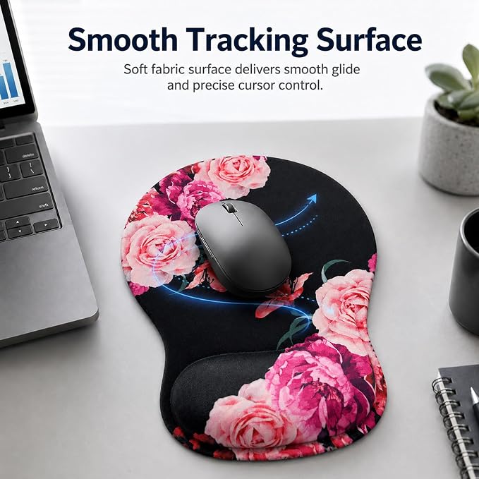 Mouse Pad with Wrist Rest Ergonomic Memory Foam Support, Non-Slip Rubber Base, Comfortable Typing Cushion for Home Office Computer Laptop, Flowers Pink