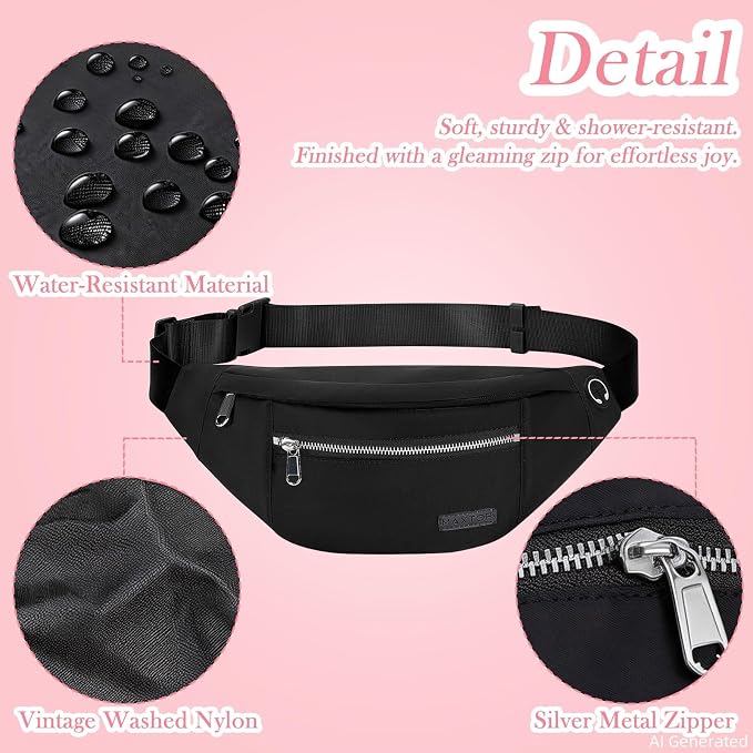 MAXTOP Large Crossbody Fanny Pack Belt Bag for Women Men with Silver Zipper | 4-Zipper Pockets,Fashion,Nylon,Gifts for Enjoy Sports Yoga Running Workout Walking Casual Travel