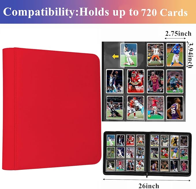 12 Pocket Card Binder, 720 Pockets PU Leather Zipper Trading Card Collection Album, Side-Loading Card Storage Folders for MTG, TCG, Game/Sport Crads (Red, 12 Pockets)