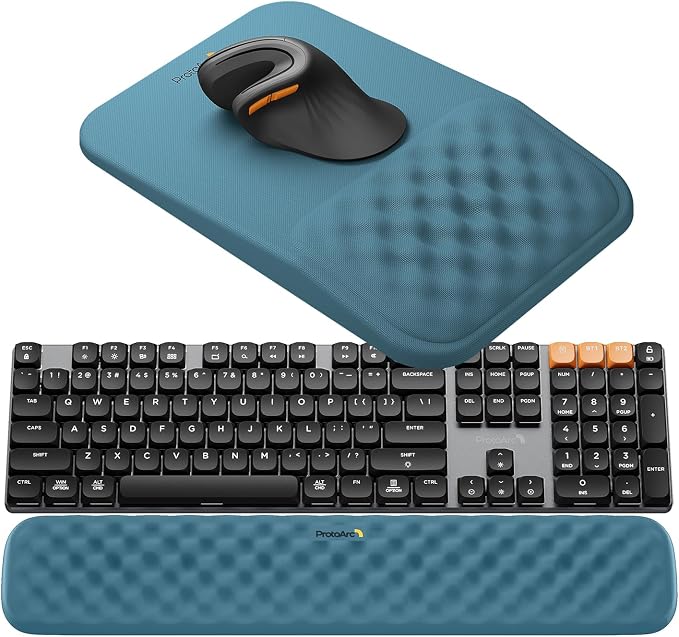 ProtoArc KMP50 Ergonomic Mouse Pad with Wrist Rest, Lycra Surface, Blue | 8° slope & massage points with slow-rebound memory foam, Non-slip base. Relieves wrist strain for office & home