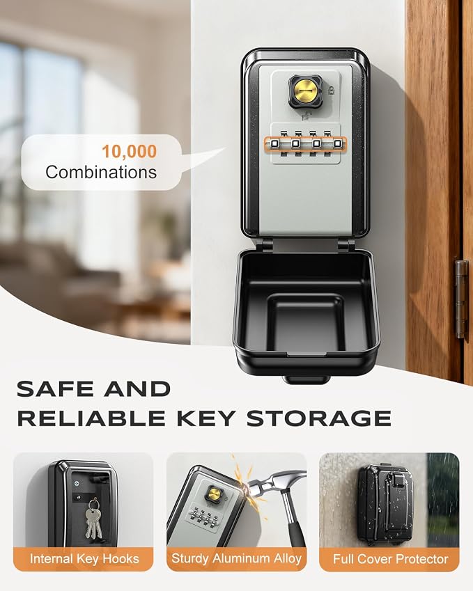 Wall-Mounted Lock Box for Keys with Code, Large Capacity 4 Digits Combination Key Lock Box with Resettable Spare Key, Weatherproof Key Safe Storage Lockbox for Home, Apartment, Office, Gray