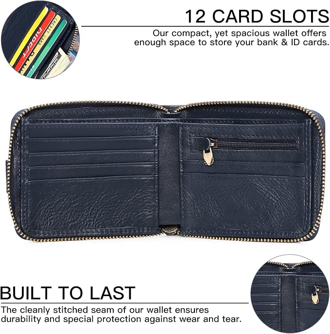 GOIACII Zipper Wallet for Men Genuine Leather RFID Blocking Mens Wallet with Zipper Coin Pocket ID Window Zipper Wallets Large Capacity