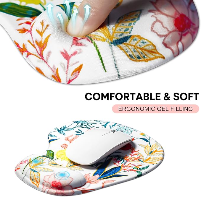 JIKIOU Ergonomic Mouse Pad with Gel Wrist Rest 2Pack, Portable Small Flower | Upgraded-Prevent Gel Leakage, Ergonomic Design for Pain Relief, Cooling Gel filled, Smooth Lycra Surface, Non-Slip PU Base