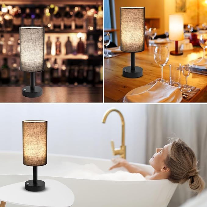 LALISU Small Table Lamp Nightstand Lamp Linen Lampshade Bedroom Wood Base Small Bedside Lamp for Night Stands, Desk Lamps for Reading Living Room, Office (LED Bulb Included) (Black and Cordless)