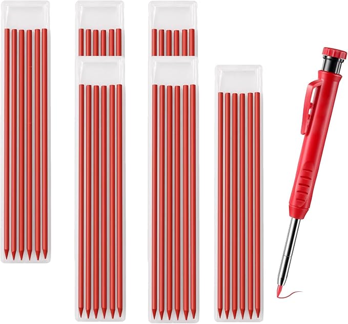 TuTuYa 36Pcs 2.8mm Pencil Refill Red, with 1 Carpenter Pencil w/Sharpener | Waterproof Lead Refills Replacement, Long Reach/Deep Hole/Long Nose for Architect &Carpenter Woodwork Construction Building