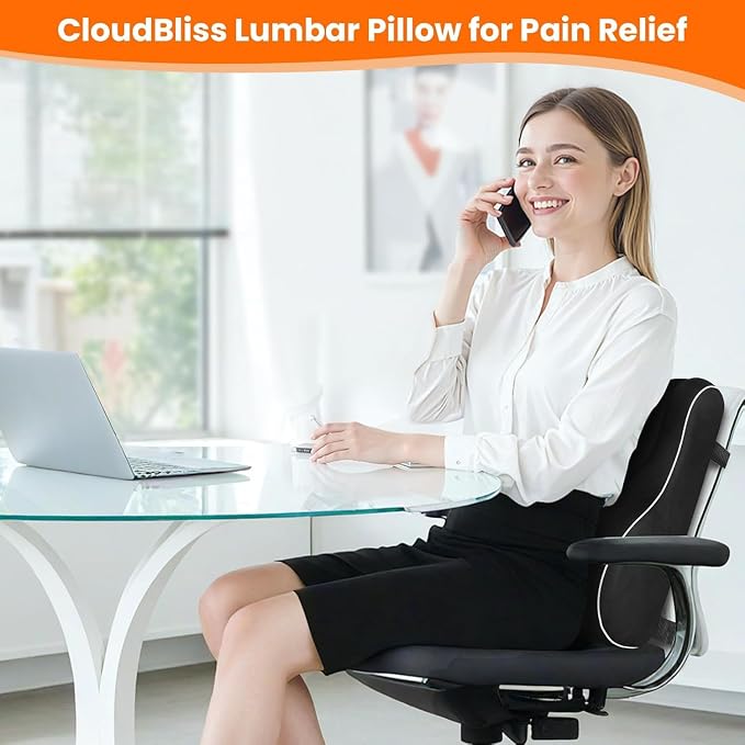 CloudBliss XL Lumbar Support Pillow, Memory Foam for Office Chair, Black | Ergonomic High-Density Memory Foam, Adjustable Straps, Washable Mesh Cover, Lower Back Support for Office, Gaming & Car Seat