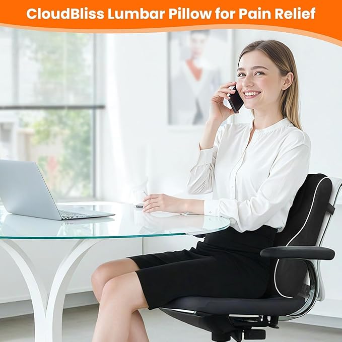 CloudBliss Lumbar Support Pillow, Memory Foam for Office, Standard, Black | Ergonomic High-Density Memory Foam, Adjustable Straps, Washable Mesh Cover, Lower Back Support for Office, Gaming & Car Seat