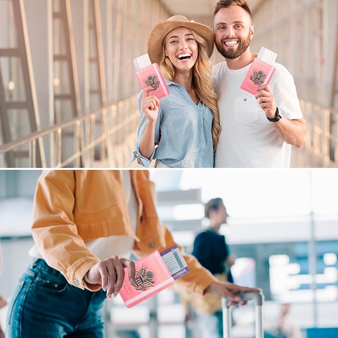 Passport Holder for Travel Women, RFID Blocking Passport Wallet Cover Case, Waterproof Leather Travel Wallet, Document Protector for Traveling Accessories-Hot Pink