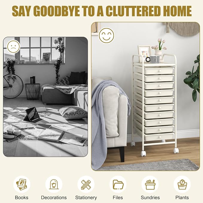COSTWAY 10-Drawer Rolling Storage Cart, Utility Mobile Trolley | Removable Drawers & Universal Casters & 2 Brakes, Versatile Flexible Drawer Organizer Cart for Home, Office (White)
