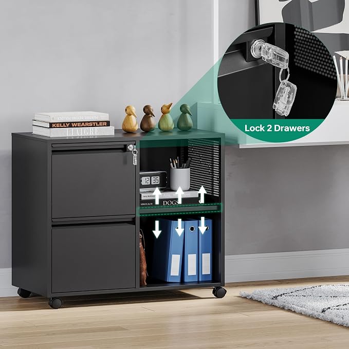 Mobile File Cabinet, Metal Lateral Rolling Printer Stand Filing Cabinets with Shelves for Home Office-Storage A4/F4 (Black)
