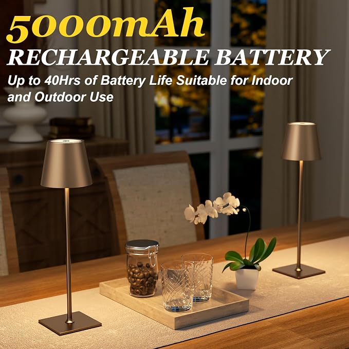 Kakanuo Brown Cordless Rechargeable Table Lamp 5000mAh Battery Operated Lamps, 3 Colors Stepless Dimming Touch Lamp for Living Room, Kitchen Counter, Dining, Outdoor Patio, 2 Pack