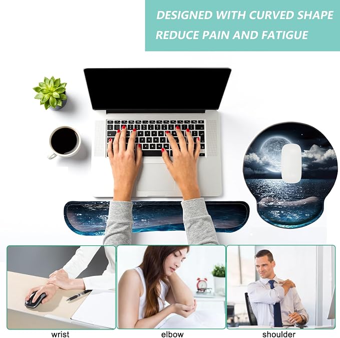 Keyboard Wrist Rest Pad Mouse Pad with Wrist Support Set of 3, Mousepad with Non-Slip Rubber Base, Ergonomic Memory Foam Mouse Wrist Cushion Support for Home Office Laptop Computer, Moonlit Night