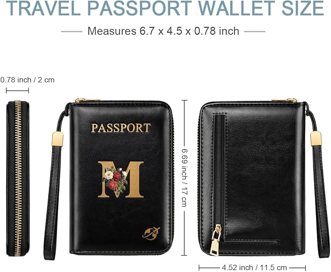 Passport Holder for Travel Personalized Wallet with Wristlet Women | Passport Cover, RFID Blocking, Passport Book Holders, Back Coin Pocket, Zipper Closure, Roses Initial Letter, Black M