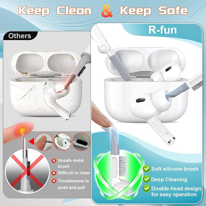 R-fun for AirPods Pro 2 Case, Soft Silicone Protective Cover with Keychain and Cleaning Pen, Compatible with AirPods Pro 2nd/1st Generation, Supports Wireless Charging, Sky Blue