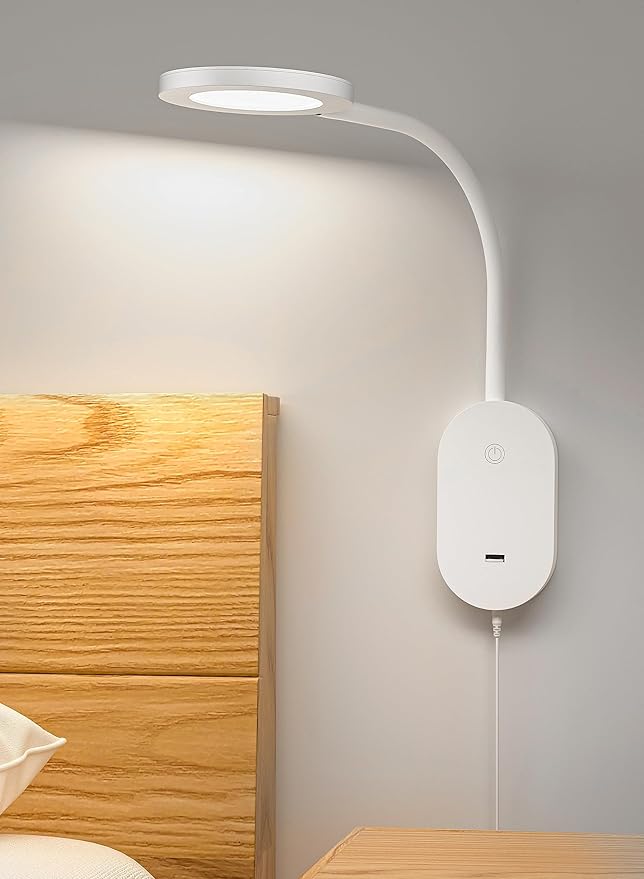 deeloop Wall Mounted Reading Light,Book Lights with USB Output, Reading Lamps for Bed Headboard in 4 Hours Auto-Off, Touch Control Wall Lamp with 5 Dimmable Flexible Head Rotation Bedside Lamps White