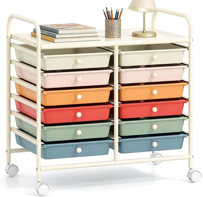COSTWAY 12-Drawer Rolling Storage Cart, Utility Storage Organizer Cart | For Tools, Scrapbook, Paper, Craft, Multipurpose Art Supply Organizer on Wheels for Home Office School, Teacher, Macaron